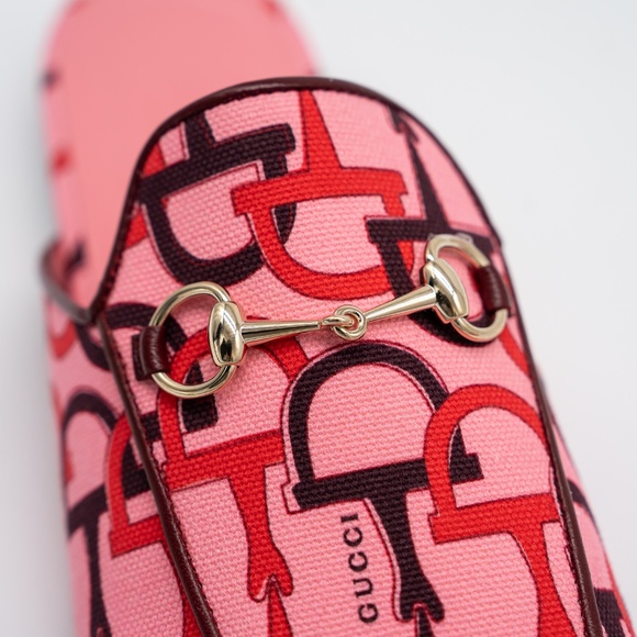 size 39.5G 9.5 US Gucci Princetown Horsebit Print Mules Slip On Pink - Picture 8 of 12